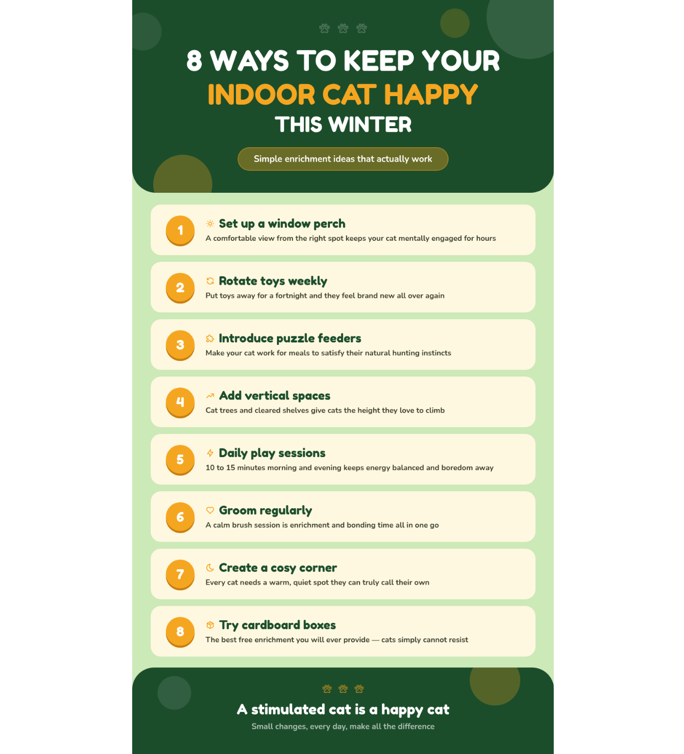 Indoor cat enrichment infographic listing 8 winter tips to keep cats happy: set up a window perch, rotate toys weekly, introduce puzzle feeders, add vertical spaces, do daily play sessions, groom regularly, create a cosy corner, and try cardboard boxes